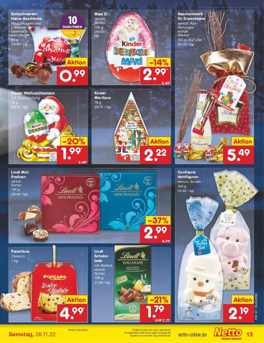 Aktueller Prospekt Netto Marken-Discount - Filial-Angebote - von 21.11 bis 26.11.2022 - strona 13 - produkty: alkohol, angebot, bestpreis, classico, Edelmarzipan, eis, erde, Kinder, korb, Kugel, leine, lindt, Lübecker, marzipan, pralinen, reis, schoko, schokolade, Ti, ZTE