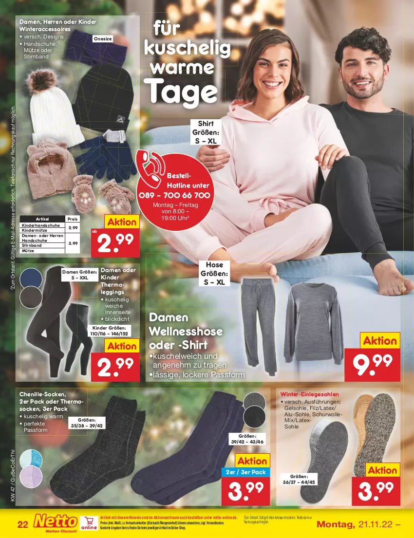 Aktueller Prospekt Netto Marken-Discount - Filial-Angebote - von 21.11 bis 26.11.2022 - strona 22 - produkty: ACC, accessoires, beco, eis, gin, handschuhe, hose, Kinder, Kuschelweich, leggings, Mütze, ndk, reis, schuhe, shirt, socken, telefon, Thermoleggings, Ti, uhr, wolle