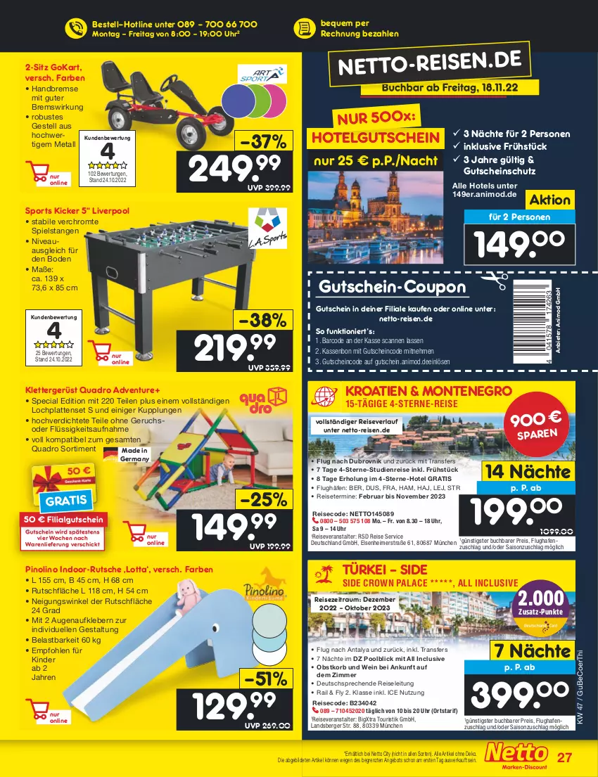 Aktueller Prospekt Netto Marken-Discount - Filial-Angebote - von 21.11 bis 26.11.2022 - strona 27 - produkty: angebot, Aufkleber, beco, Berger, buch, coupon, eimer, eis, elle, Germ, gsw, gutschein, HP, Kinder, kleber, korb, latte, LG, monte, nivea, obst, pool, quad, Quadro, reis, reiseveranstalter, reiseverlauf, Sport, Ti, uhr, wein, ZTE