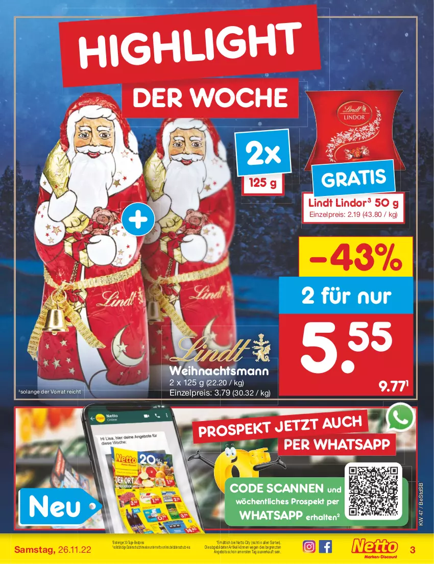 Aktueller Prospekt Netto Marken-Discount - Filial-Angebote - von 21.11 bis 26.11.2022 - strona 3 - produkty: angebot, bestpreis, eis, lindor, lindt, reis, Ti, weihnachten, ZTE