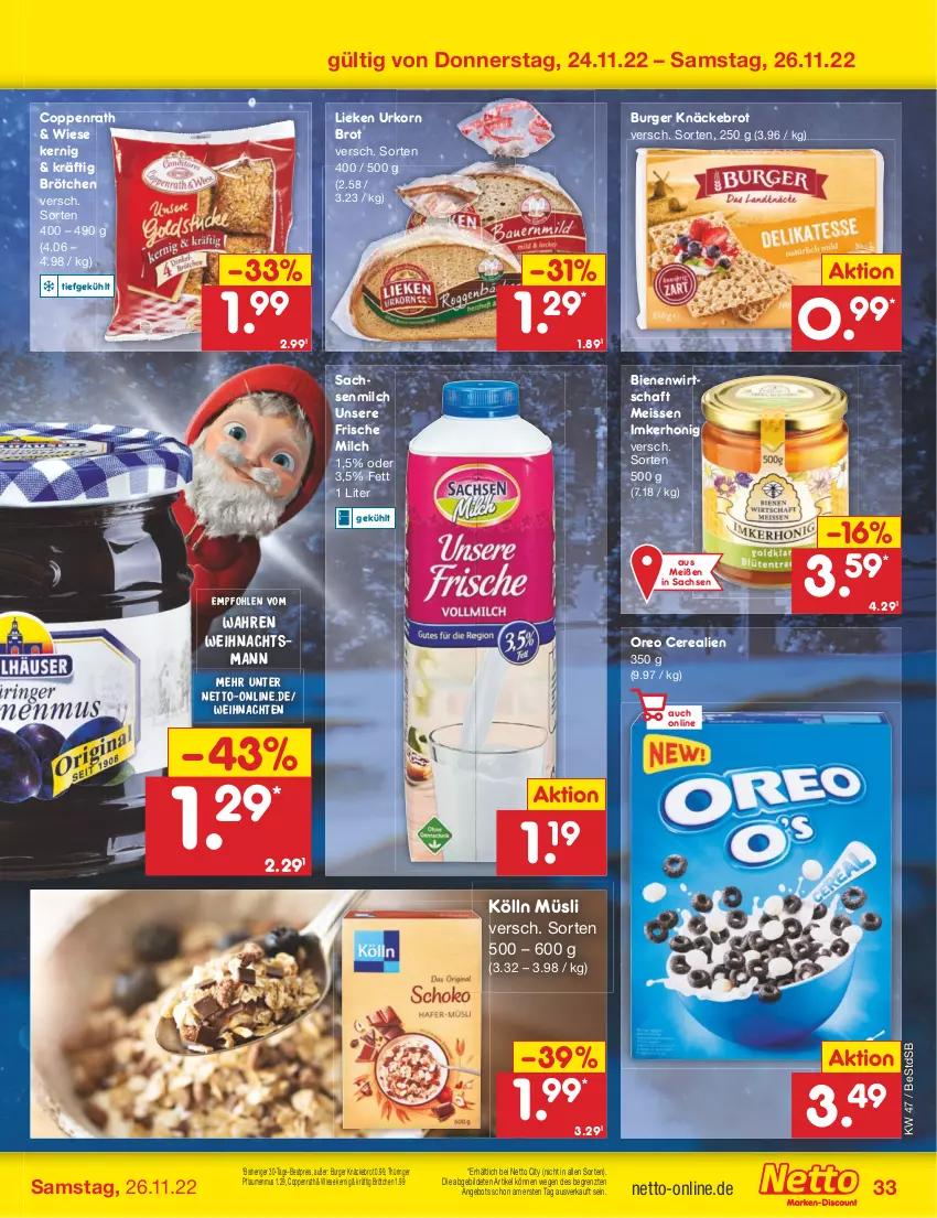 Aktueller Prospekt Netto Marken-Discount - Filial-Angebote - von 21.11 bis 26.11.2022 - strona 33 - produkty: angebot, bestpreis, brot, brötchen, burger, cerealien, coppenrath, eis, frische milch, honig, knäckebrot, kölln, korn, lieken, milch, müsli, oreo, pflaume, pflaumen, pflaumenmus, reis, rezept, ring, sac, Ti, urkorn, weihnachten, ZTE