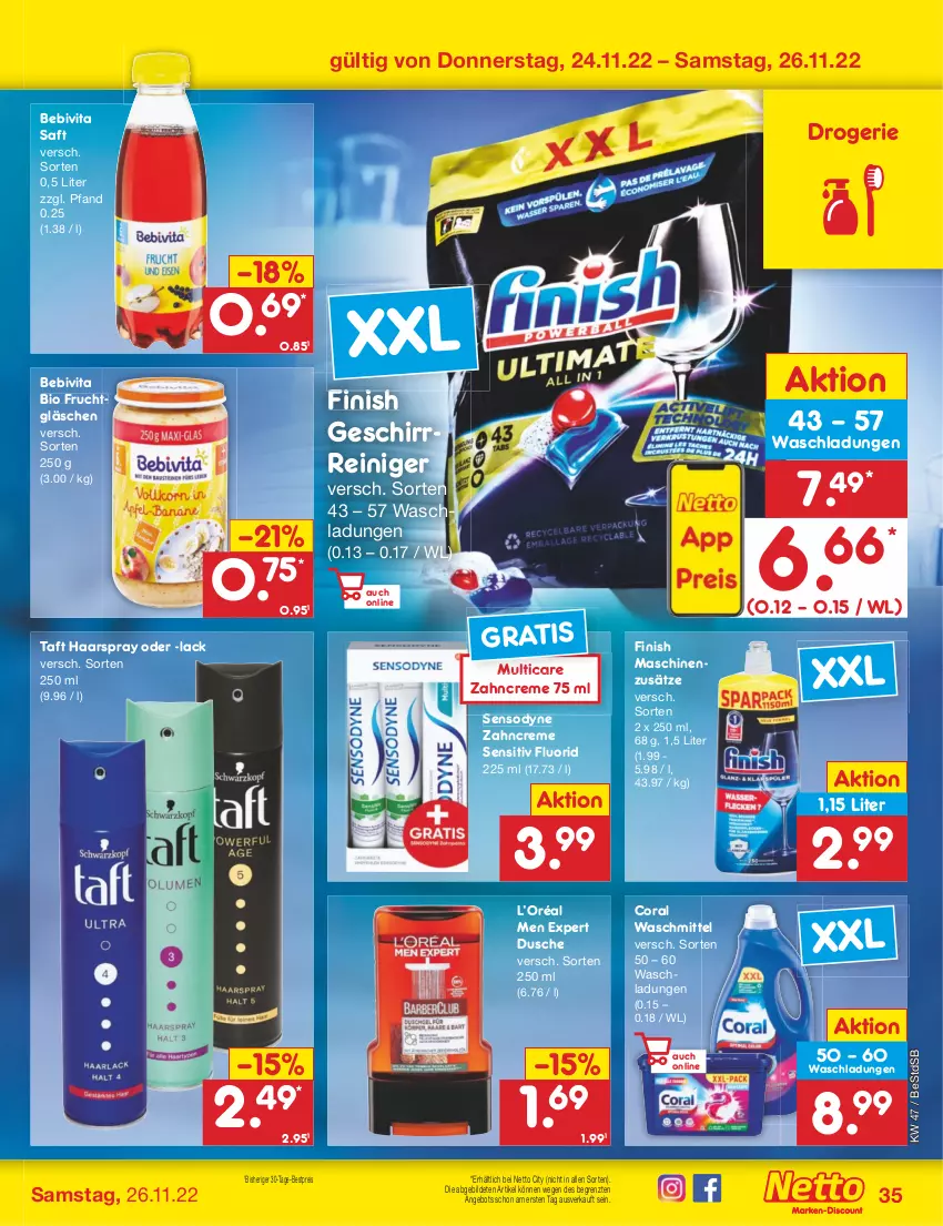 Aktueller Prospekt Netto Marken-Discount - Filial-Angebote - von 21.11 bis 26.11.2022 - strona 35 - produkty: angebot, bebivita, bestpreis, bio, Coral, creme, dusche, eis, Finish, frucht, geschirr, haarspray, lack, reiniger, reis, saft, sensodyne, Taft, Ti, vita, waschmittel, zahncreme, ZTE