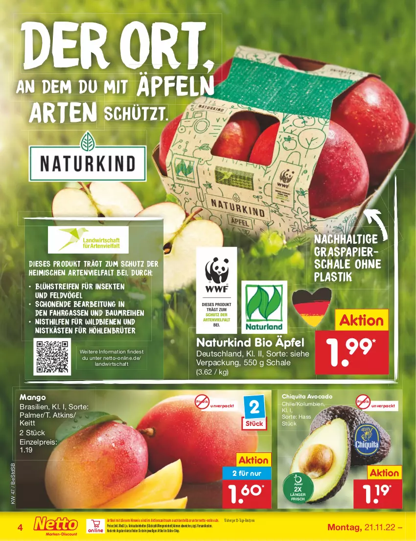 Aktueller Prospekt Netto Marken-Discount - Filial-Angebote - von 21.11 bis 26.11.2022 - strona 4 - produkty: asti, avocado, Bau, bestpreis, bio, chiquita, eis, mango, natur, ndk, papier, reifen, reis, Schal, Schale, sekt, Ti, Wild