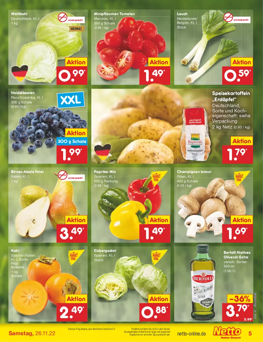 Aktueller Prospekt Netto Marken-Discount - Filial-Angebote - von 21.11 bis 26.11.2022 - strona 5 - produkty: angebot, asti, beere, beeren, bertolli, bestpreis, Birnen, braun, champignon, eis, eisbergsalat, heidelbeere, heidelbeeren, Kaki, kartoffel, kartoffeln, LG, natives olivenöl, olive, oliven, olivenöl, olivenöl extra, paprika, pflaume, pflaumen, reis, salat, Schal, Schale, speisekartoffeln, Ti, tomate, tomaten, Weißkohl, ZTE