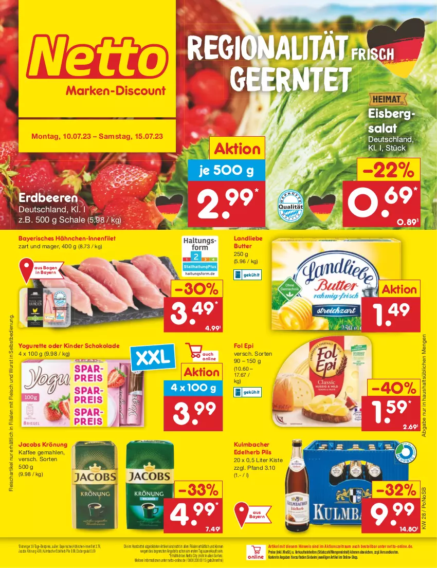 Aktueller Prospekt Netto Marken-Discount - Filial-Angebote - von 10.07 bis 15.07.2023 - strona 1 - produkty: angebot, beere, beeren, bestpreis, butter, eis, eisbergsalat, erdbeere, erdbeeren, filet, fleisch, fol epi, jacobs, jacobs krönung, kaffee, Kinder, kinder schokolade, landliebe, ndk, pils, reis, salat, Schal, Schale, schoko, schokolade, Ti, wurst, wurst in selbstbedienung, Yo, yogurette, ZTE