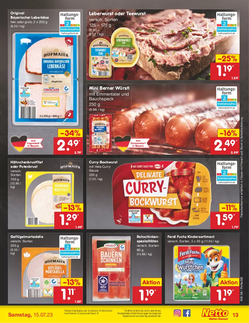 Aktueller Prospekt Netto Marken-Discount - Filial-Angebote - von 10.07 bis 15.07.2023 - strona 13 - produkty: angebot, Bau, bestpreis, bockwurst, brustfilet, curry, dell, eis, emmentaler, ferdi fuchs, filet, fleisch, Geflügel, gin, hähnchenbrust, hähnchenbrustfilet, Hela, Käse, Kinder, leberkäs, leberkäse, leberwurst, mortadella, pute, putenbrust, reis, rohschinken, sauce, schinken, Speck, Spezi, tee, teewurst, Ti, wurst, wurst in selbstbedienung, ZTE