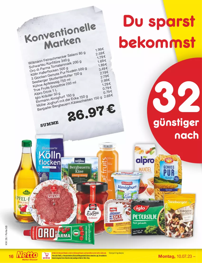 Aktueller Prospekt Netto Marken-Discount - Filial-Angebote - von 10.07 bis 15.07.2023 - strona 16 - produkty: almighur, alpro, Bau, beko, bestpreis, eis, essig, iglo, Käse, kölln, Kühne, Müller, ndk, nudel, nudeln, nuss, reis, Ti