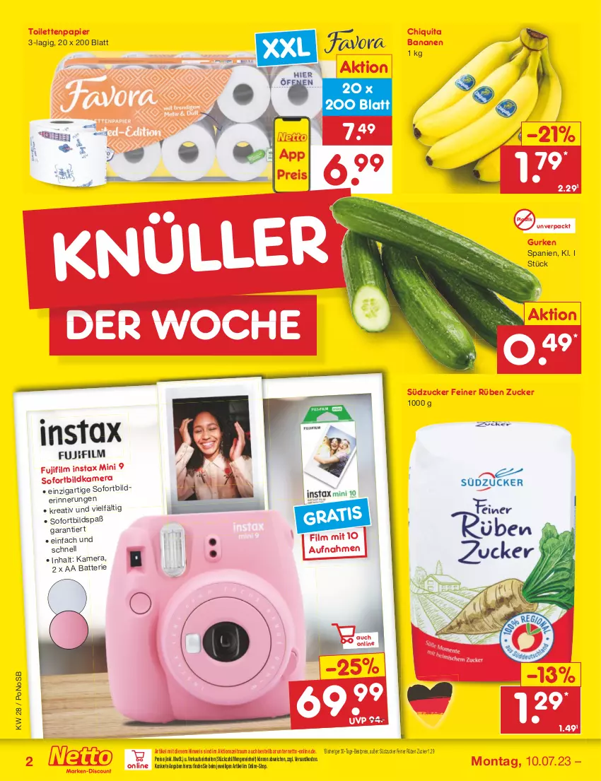 Aktueller Prospekt Netto Marken-Discount - Filial-Angebote - von 10.07 bis 15.07.2023 - strona 2 - produkty: asti, banane, bananen, bestpreis, chiquita, eis, gurke, gurken, kamera, ndk, papier, reis, südzucker, Ti, toilettenpapier, zucker