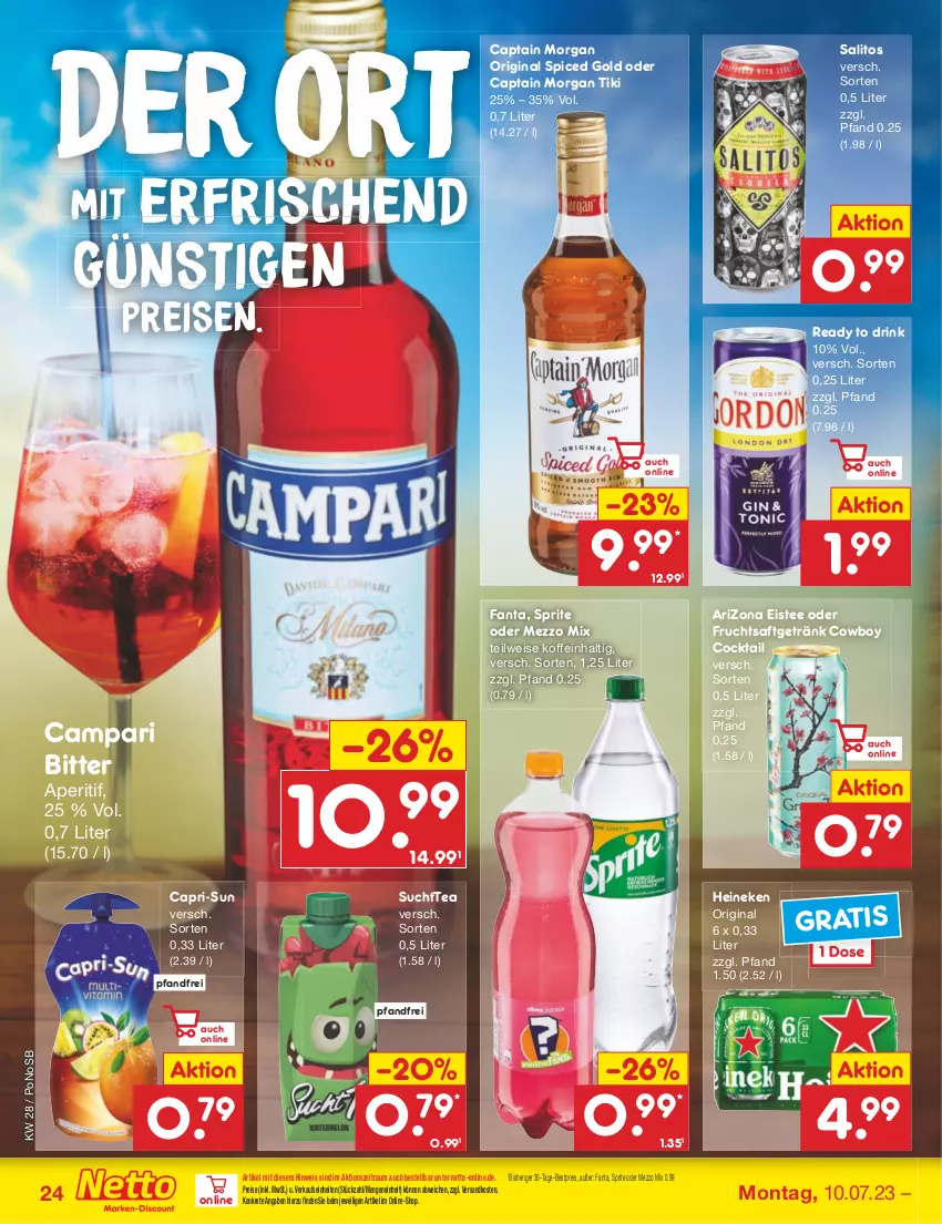 Aktueller Prospekt Netto Marken-Discount - Filial-Angebote - von 10.07 bis 15.07.2023 - strona 24 - produkty: aperitif, bestpreis, campari, Cap, capri-sun, captain morgan, cocktail, drink, eis, eistee, fanta, frucht, fruchtsaft, fruchtsaftgetränk, getränk, gin, heineken, Mezzo Mix, ndk, original spiced gold, reis, saft, sprite, tee, Ti