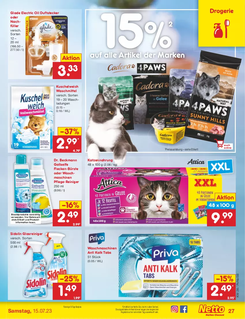 Aktueller Prospekt Netto Marken-Discount - Filial-Angebote - von 10.07 bis 15.07.2023 - strona 27 - produkty: angebot, bestpreis, bio, biozidprodukte, bürste, Dr. Beckmann, eis, Glade, Glasreiniger, katzennahrung, Kuschelweich, Rauch, reiniger, reis, rwe, Seife, sidolin, Ti, waschmaschine, waschmaschinen, waschmittel, ZTE