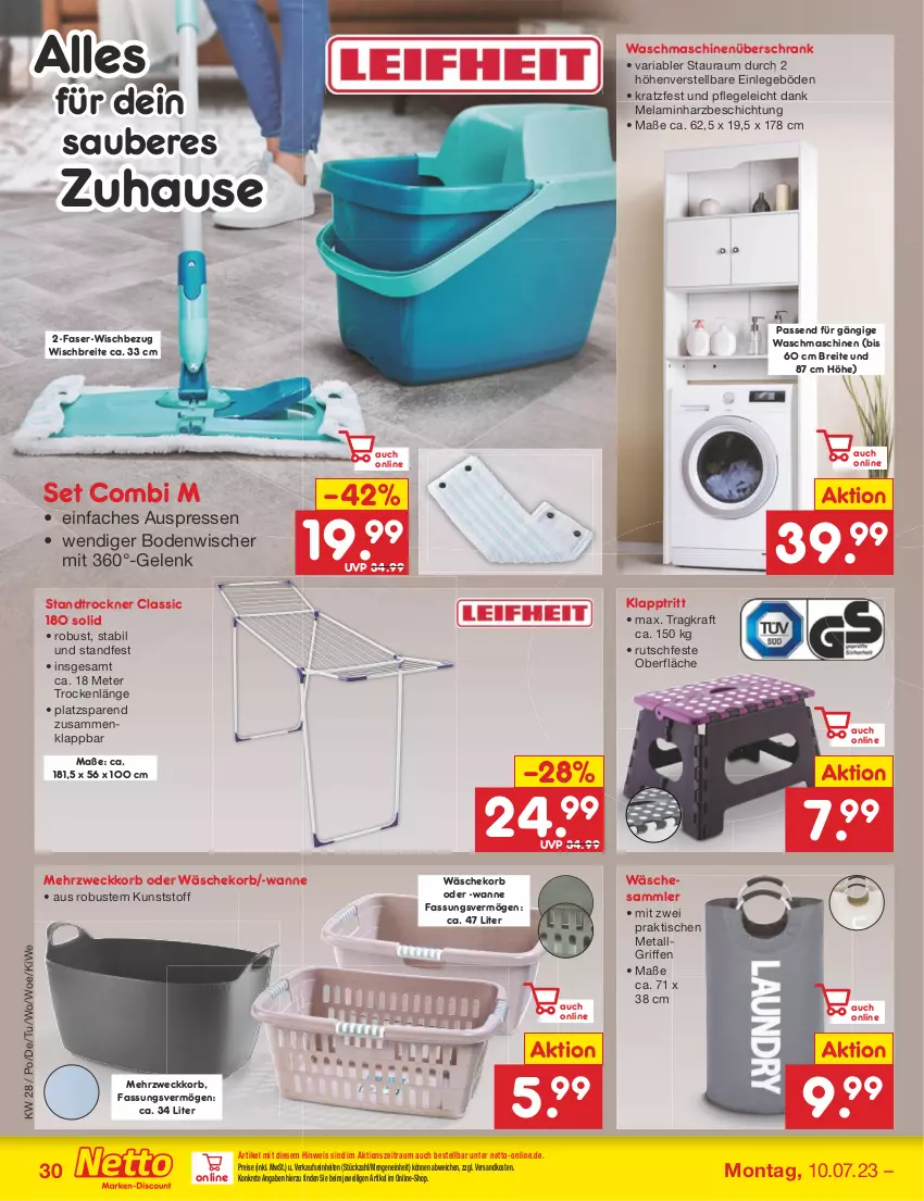 Aktueller Prospekt Netto Marken-Discount - Filial-Angebote - von 10.07 bis 15.07.2023 - strona 30 - produkty: bodenwischer, Brei, eis, klapptritt, korb, kraft, LG, ndk, reis, Ria, Schrank, Ti, tisch, Trockner, Wanne, wäschekorb, waschmaschine, waschmaschinen, weck