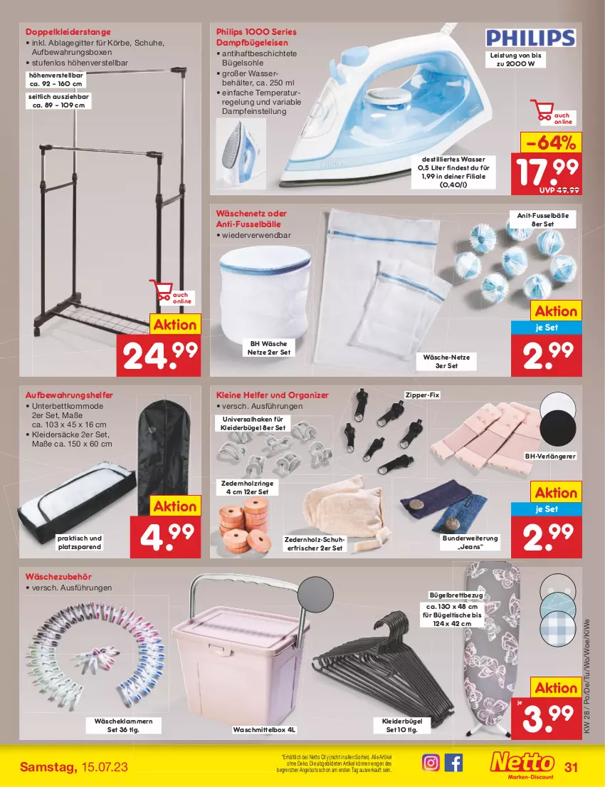 Aktueller Prospekt Netto Marken-Discount - Filial-Angebote - von 10.07 bis 15.07.2023 - strona 31 - produkty: angebot, aufbewahrungsbox, Behälter, bett, bügel, Bügeleisen, bügeltisch, dampfbügeleisen, eis, Holz, jeans, Klammern, kleid, kleider, kleiderbügel, kommode, lamm, leine, LG, Mode, Philips, Ria, ring, rwe, schuhe, Ti, tisch, waschmittel, wasser, zipper, ZTE