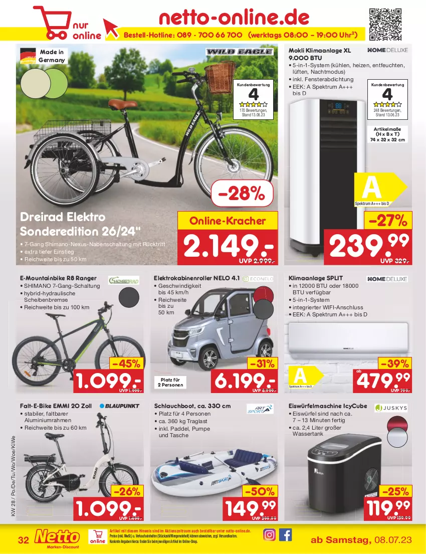 Aktueller Prospekt Netto Marken-Discount - Filial-Angebote - von 10.07 bis 15.07.2023 - strona 32 - produkty: angebot, angebote, Dreirad, E-Bike, eis, eiswürfel, Elektro, emmi, fenster, Germ, kracher, Mountainbike, ndk, nexus, reis, Roller, rum, Schal, schlauch, shimano, Spektrum, Tasche, Ti, uhr, wasser, wassertank, würfel