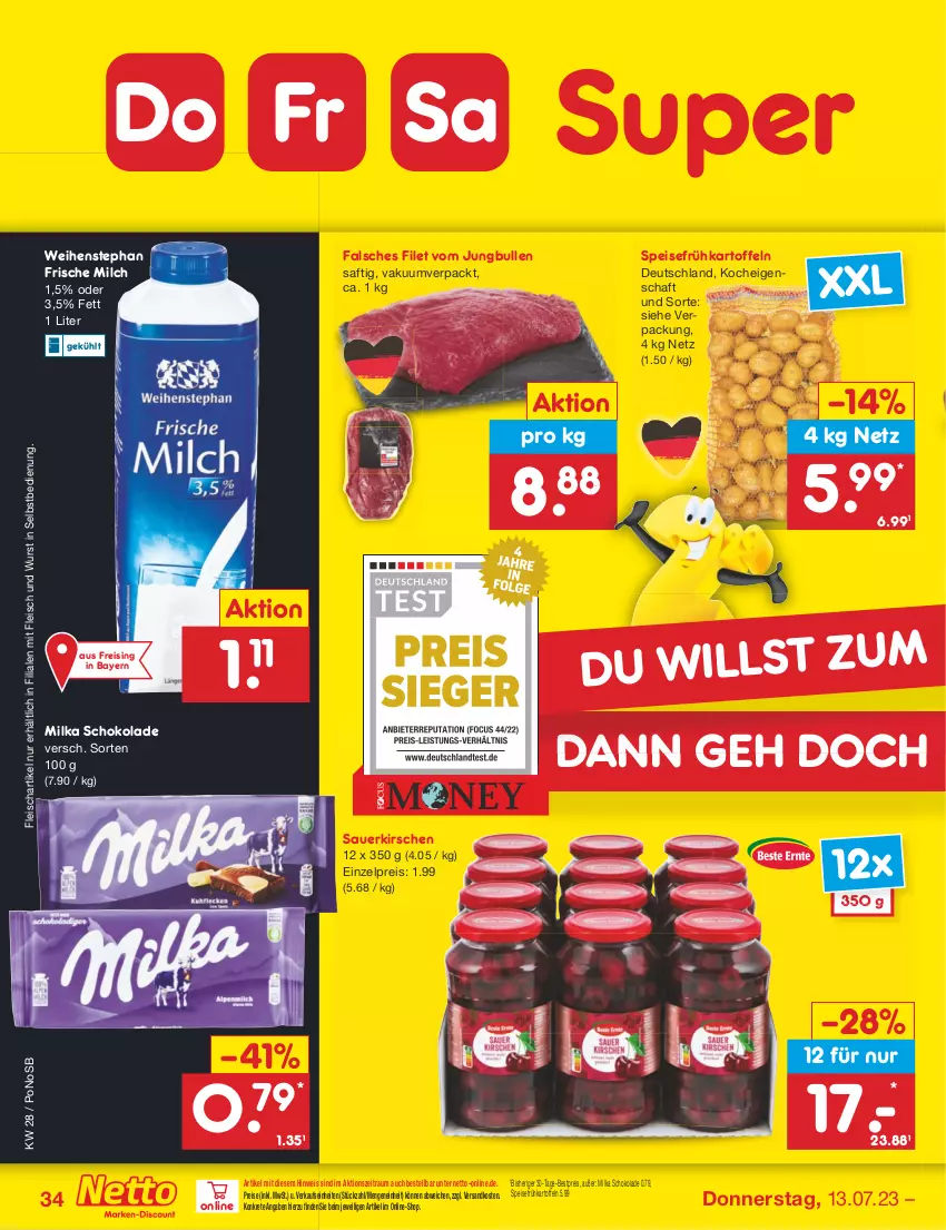 Aktueller Prospekt Netto Marken-Discount - Filial-Angebote - von 10.07 bis 15.07.2023 - strona 34 - produkty: auer, bestpreis, eis, Falsches Filet, filet, fleisch, frische milch, Frühkartoffeln, jungbullen, kartoffel, kartoffeln, kirsch, kirsche, kirschen, milch, milka, milka schokolade, ndk, reis, saft, sauerkirschen, schoko, schokolade, speisefrühkartoffeln, Ti, weihenstephan, wurst, wurst in selbstbedienung