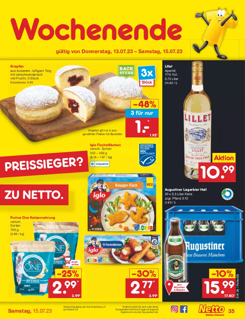 Aktueller Prospekt Netto Marken-Discount - Filial-Angebote - von 10.07 bis 15.07.2023 - strona 35 - produkty: angebot, aperitif, backofen, bestpreis, bier, eis, fisch, fischstäbchen, frucht, iglo, katzennahrung, Lagerbier, lillet, Ofen, purina, reis, reiss, Ti, ZTE