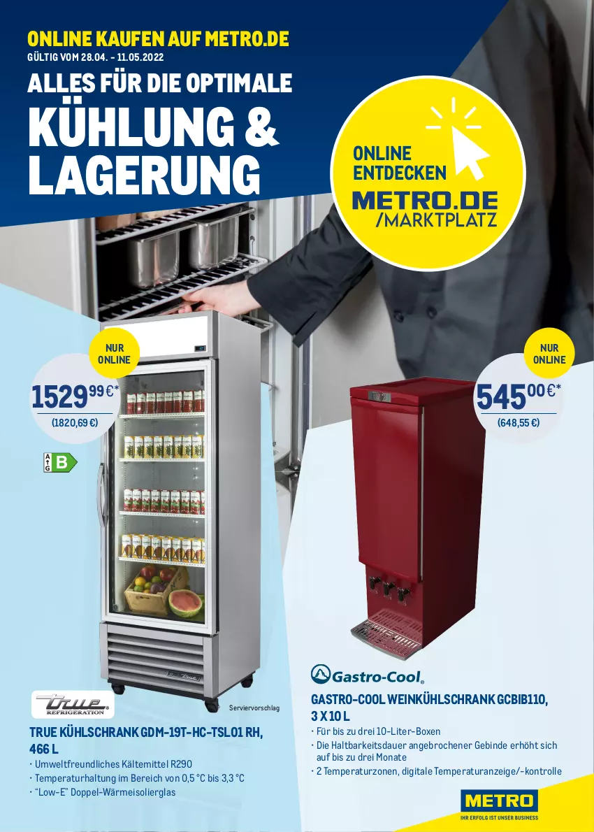 Aktueller Prospekt Metro - ONLINE-MARKTPLATZ - von 28.04 bis 11.05.2022 - strona 1 - produkty: auer, decke, eis, kühlschrank, Metro, Schrank, Ti, wein