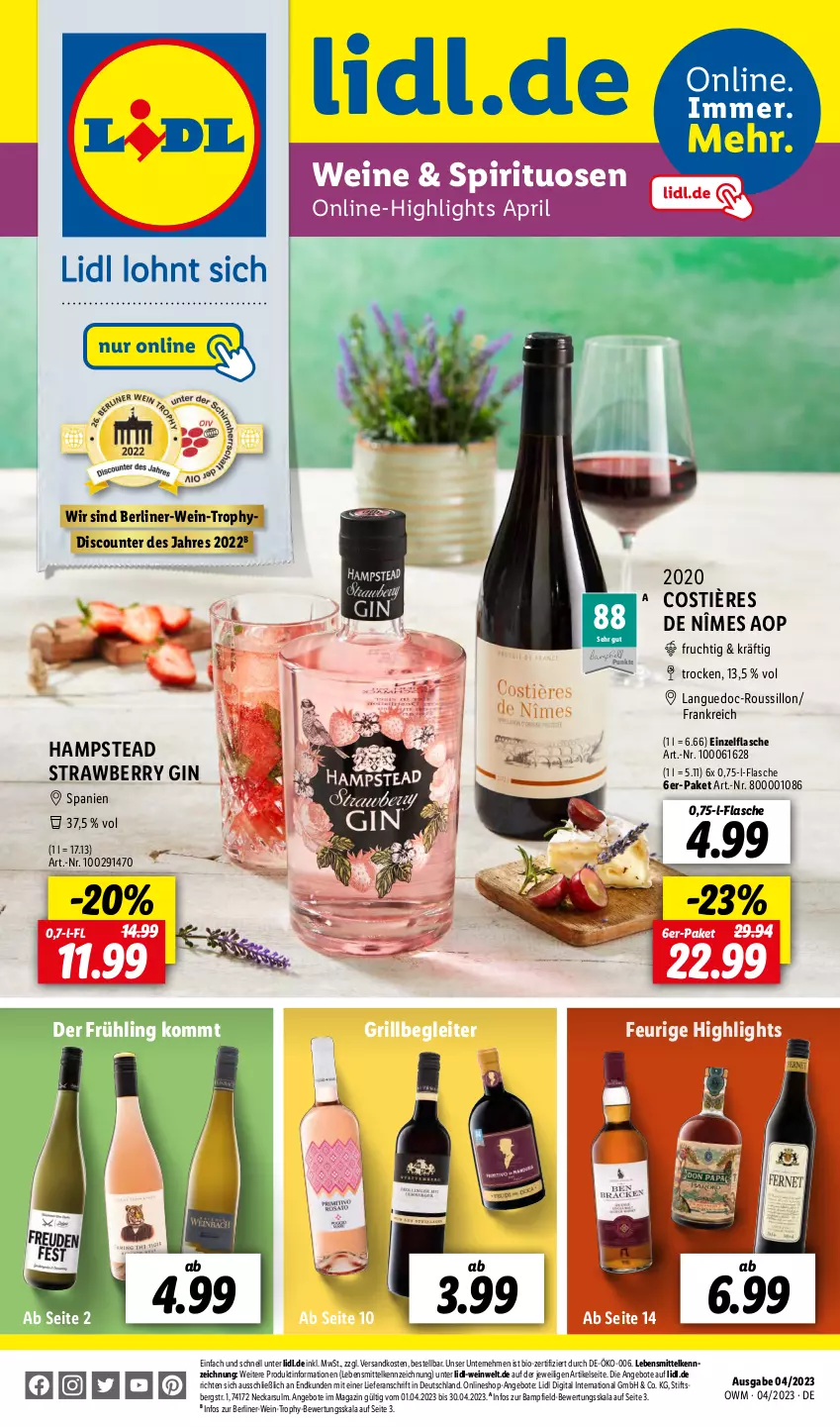 Aktueller Prospekt Lidl - Beste Weine für jeden Anlass - von 01.04 bis 30.04.2023 - strona 1 - produkty: angebot, angebote, berliner, bio, discount, flasche, frucht, gin, grill, lebensmittel, magazin, ndk, pril, spirituosen, Ti, wein, weine