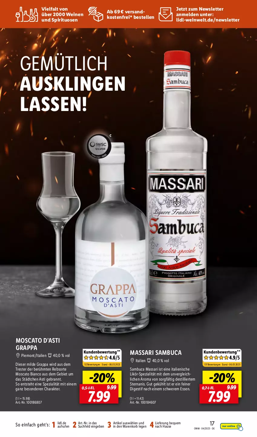 Aktueller Prospekt Lidl - Beste Weine für jeden Anlass - von 01.04 bis 30.04.2023 - strona 17 - produkty: asti, elle, grappa, korb, likör, ndk, sambuca, Spezi, spirituosen, Ti, versandkostenfrei, wein, weine