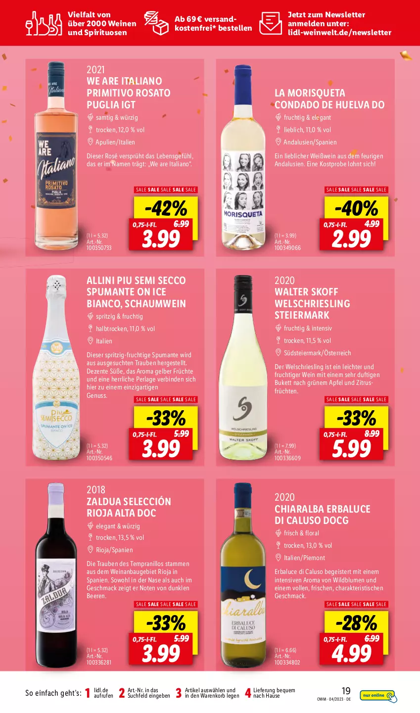 Aktueller Prospekt Lidl - Beste Weine für jeden Anlass - von 01.04 bis 30.04.2023 - strona 19 - produkty: apfel, Bau, beere, beeren, binden, blume, blumen, chia, ecco, eier, eis, elle, ente, frucht, früchte, früchten, korb, mac, ndk, nuss, perla, primitivo, puma, riesling, rioja, rosato, spirituosen, spumante, tempranillo, Ti, tisch, trauben, versandkostenfrei, wein, weine, Weißwein, Wels, Welschriesling, Wild