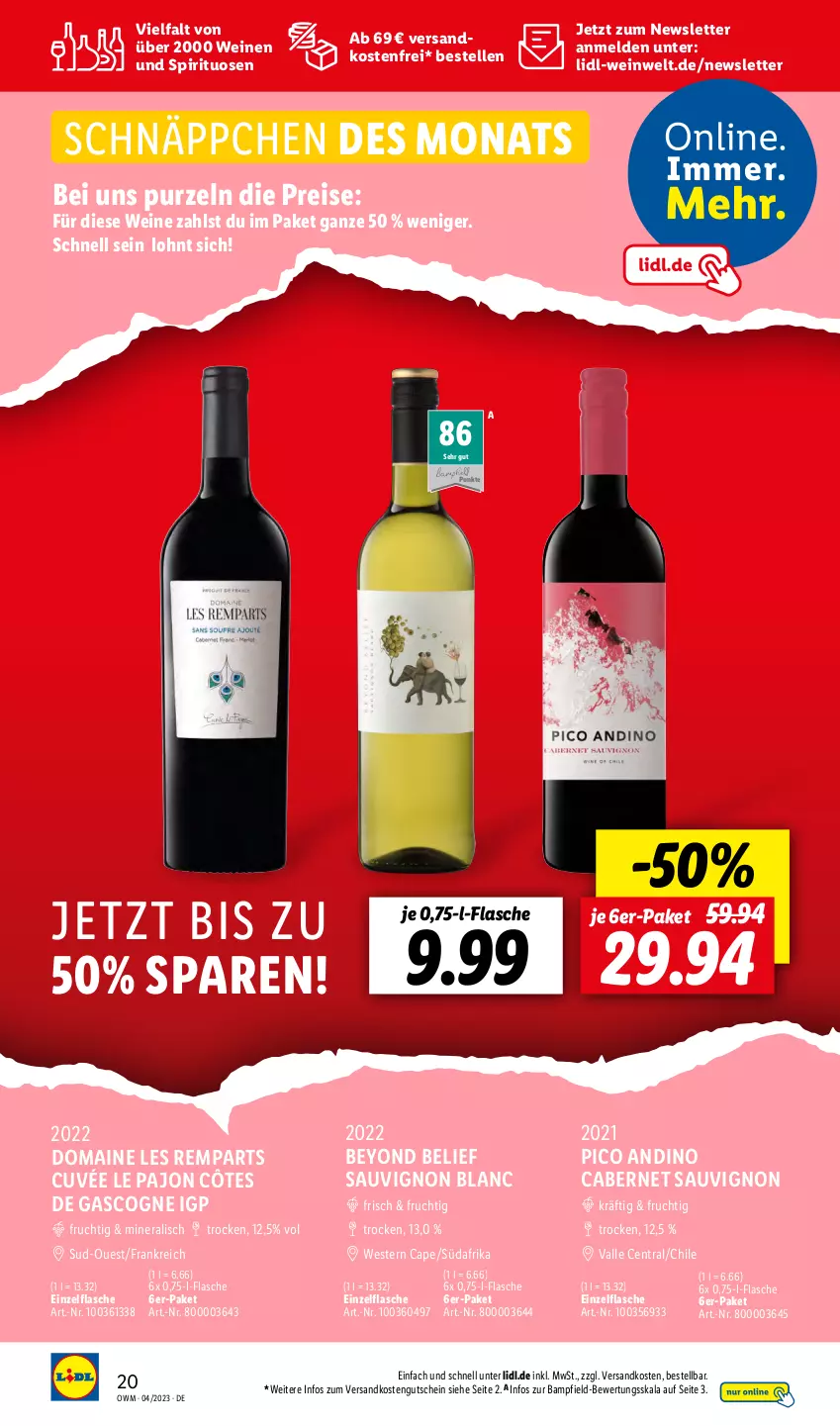 Aktueller Prospekt Lidl - Beste Weine für jeden Anlass - von 01.04 bis 30.04.2023 - strona 20 - produkty: cabernet, cabernet sauvignon, Cap, cuvée, eis, elle, flasche, frucht, gutschein, ndk, reis, sauvignon, sauvignon blanc, schnäppchen, spirituosen, Ti, versandkostenfrei, wein, weine, Weste, Yo