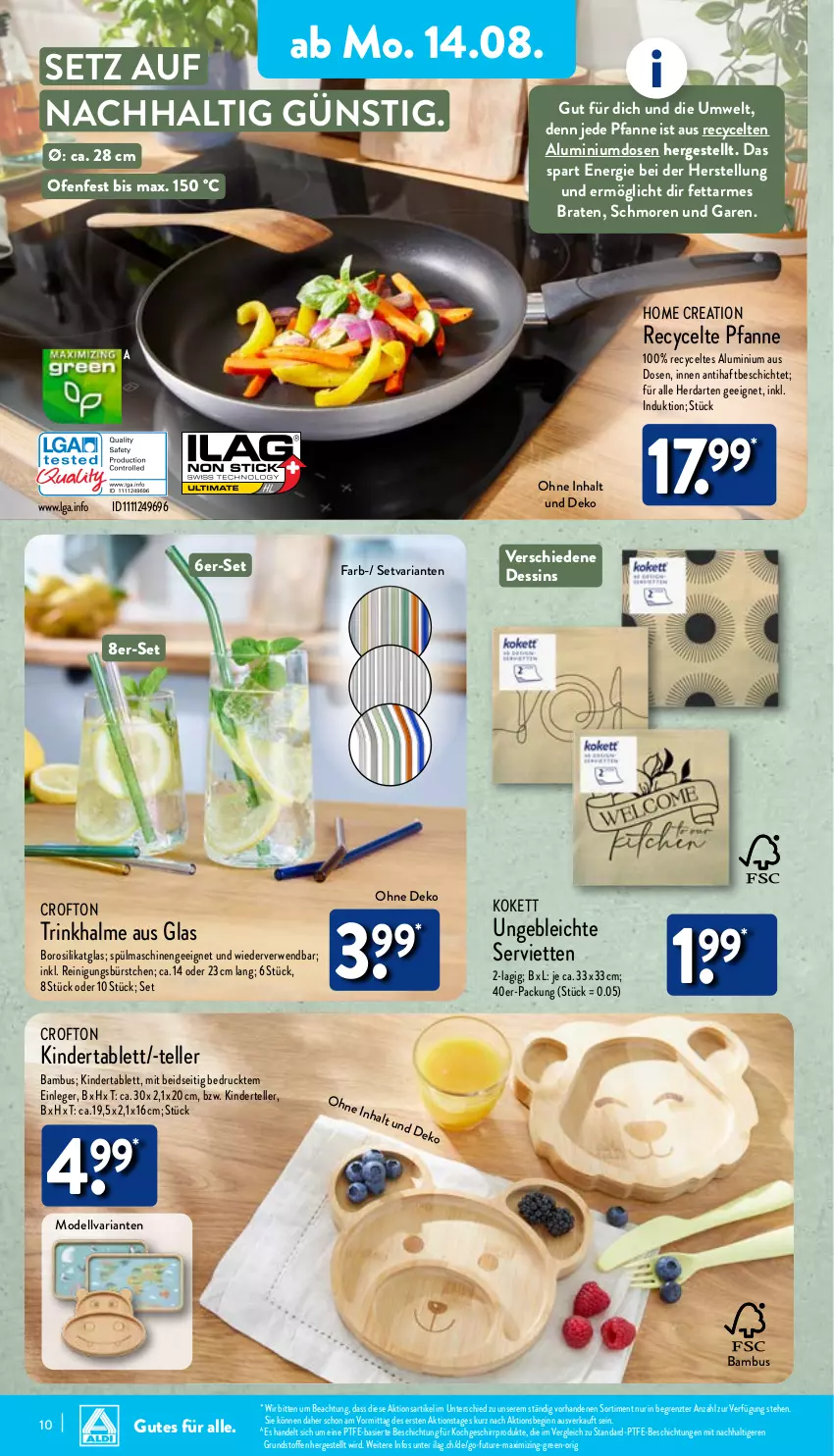 Aktueller Prospekt Aldi Nord - Von Montag - von 14.08 bis 19.08.2023 - strona 10 - produkty: bambus, braten, Crofton, dell, elle, geschirr, gin, herdarten, ilag, Kinder, LG, Mode, Ofen, pfanne, Reinigung, Ria, rwe, Serviette, servietten, spülmaschinen, tablet, tablett, teller, Ti, Trinkhalme, ZTE