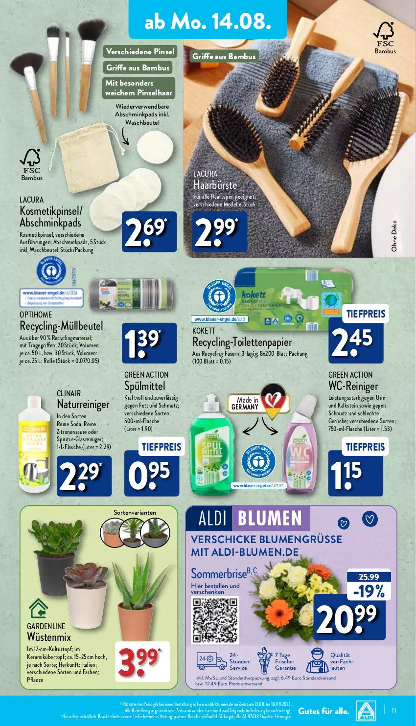 Aktueller Prospekt Aldi Nord - Von Montag - von 14.08 bis 19.08.2023 - strona 11 - produkty: aldi, auer, bambus, beutel, blume, blumen, Blüte, Brei, bürste, Clin, dell, eis, elle, Engel, erde, flasche, Germ, Glasreiniger, hero, kosmetik, kraft, kulturtopf, LG, Mode, müllbeutel, natur, papier, pflanze, Pinsel, recyclingmaterial, reiniger, reis, Ria, rwe, Soda, spiritus, spülmittel, Ti, tiefpreis, toilettenpapier, topf, tragegriff, übertopf, wc-reiniger, zitrone, zitronen