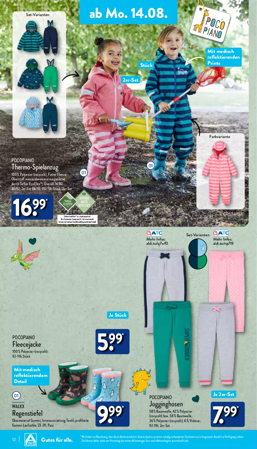 Aktueller Prospekt Aldi Nord - Von Montag - von 14.08 bis 19.08.2023 - strona 12 - produkty: aldi, Anzug, Bau, baumwolle, eis, Elan, Fleecejacke, gin, hose, hosen, Jacke, Jogginghose, Jogginghosen, Overall, pocopiano, Ria, Ti, Tiere, walkx, wasser, wolle, ZTE