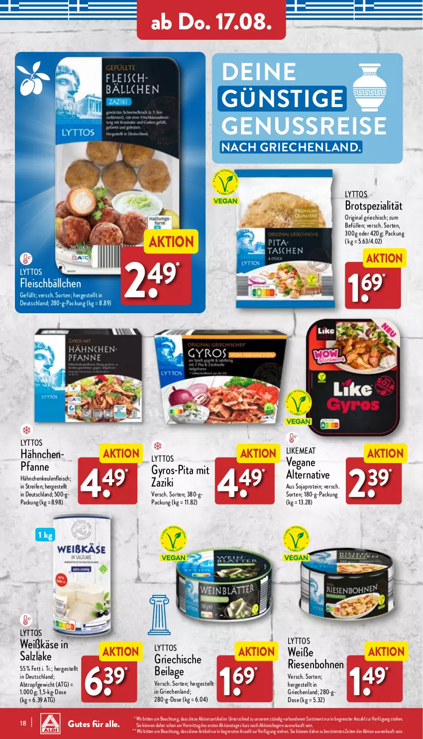 Aktueller Prospekt Aldi Nord - Von Montag - von 14.08 bis 19.08.2023 - strona 18 - produkty: bohne, bohnen, brot, eis, fleisch, gin, gyros, ilag, Käse, nuss, pfanne, reifen, reis, salz, soja, Spezi, Ti, zaziki, ZTE