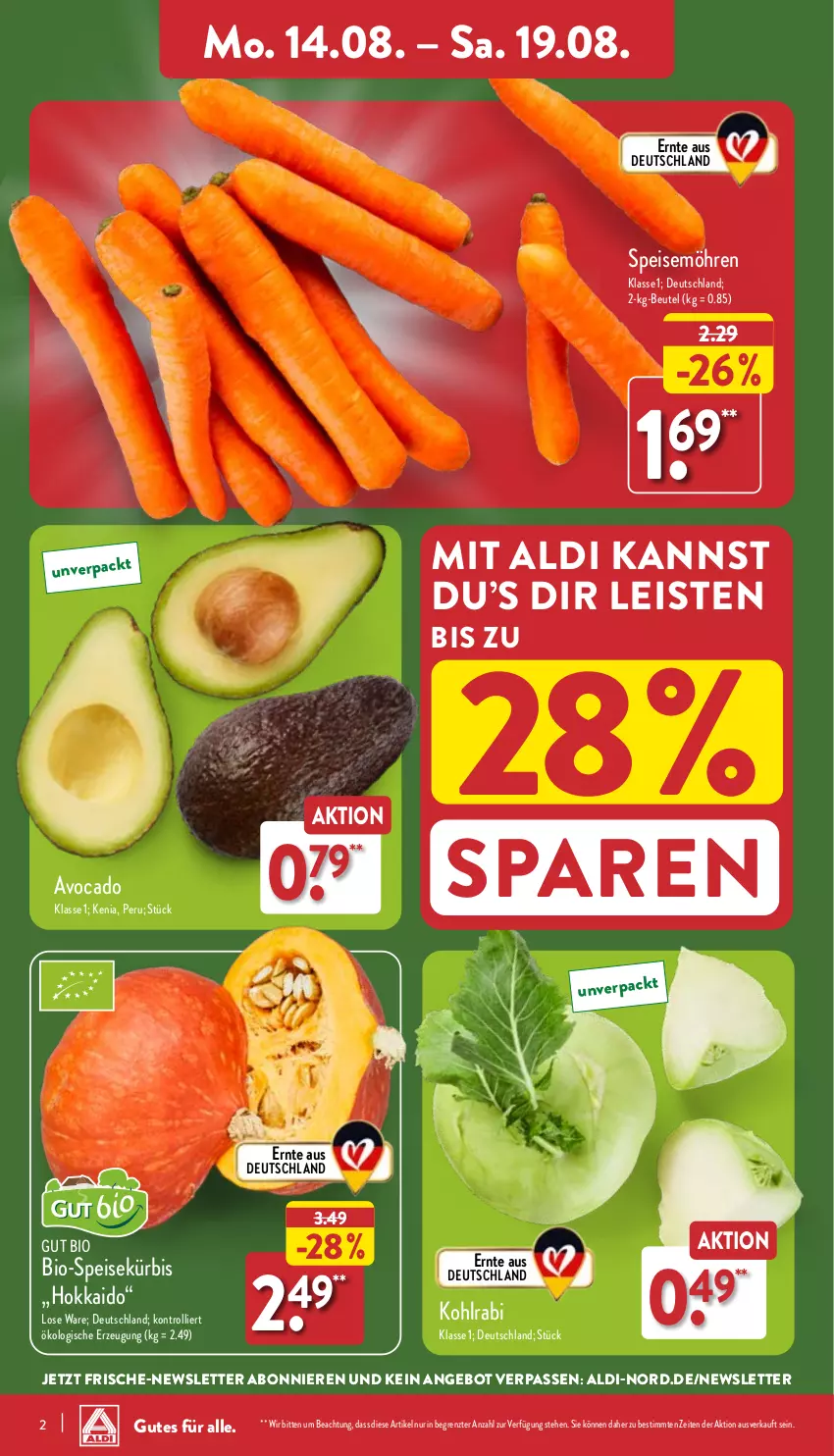 Aktueller Prospekt Aldi Nord - Von Montag - von 14.08 bis 19.08.2023 - strona 2 - produkty: aldi, angebot, avocado, beutel, bio, eis, kohlrabi, Kürbis, möhren, speisemöhren, Ti, trolli, ZTE