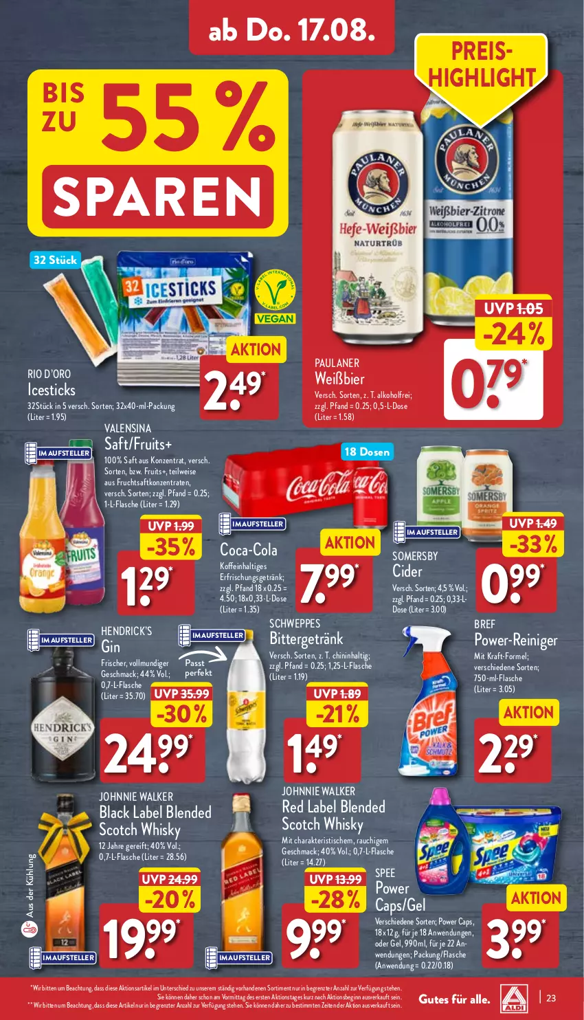 Aktueller Prospekt Aldi Nord - Von Montag - von 14.08 bis 19.08.2023 - strona 23 - produkty: alkohol, bier, black label, blended scotch, blended scotch whisky, Bref, Cap, cider, coca-cola, cola, eis, elle, erfrischungsgetränk, flasche, frucht, fruchtsaft, getränk, gin, johnnie walker, kraft, lack, mac, Paula, paulaner, Rauch, reiniger, reis, saft, schweppes, scotch, scotch whisky, somersby, spee, teller, Ti, tisch, valensina, whisky, ZTE