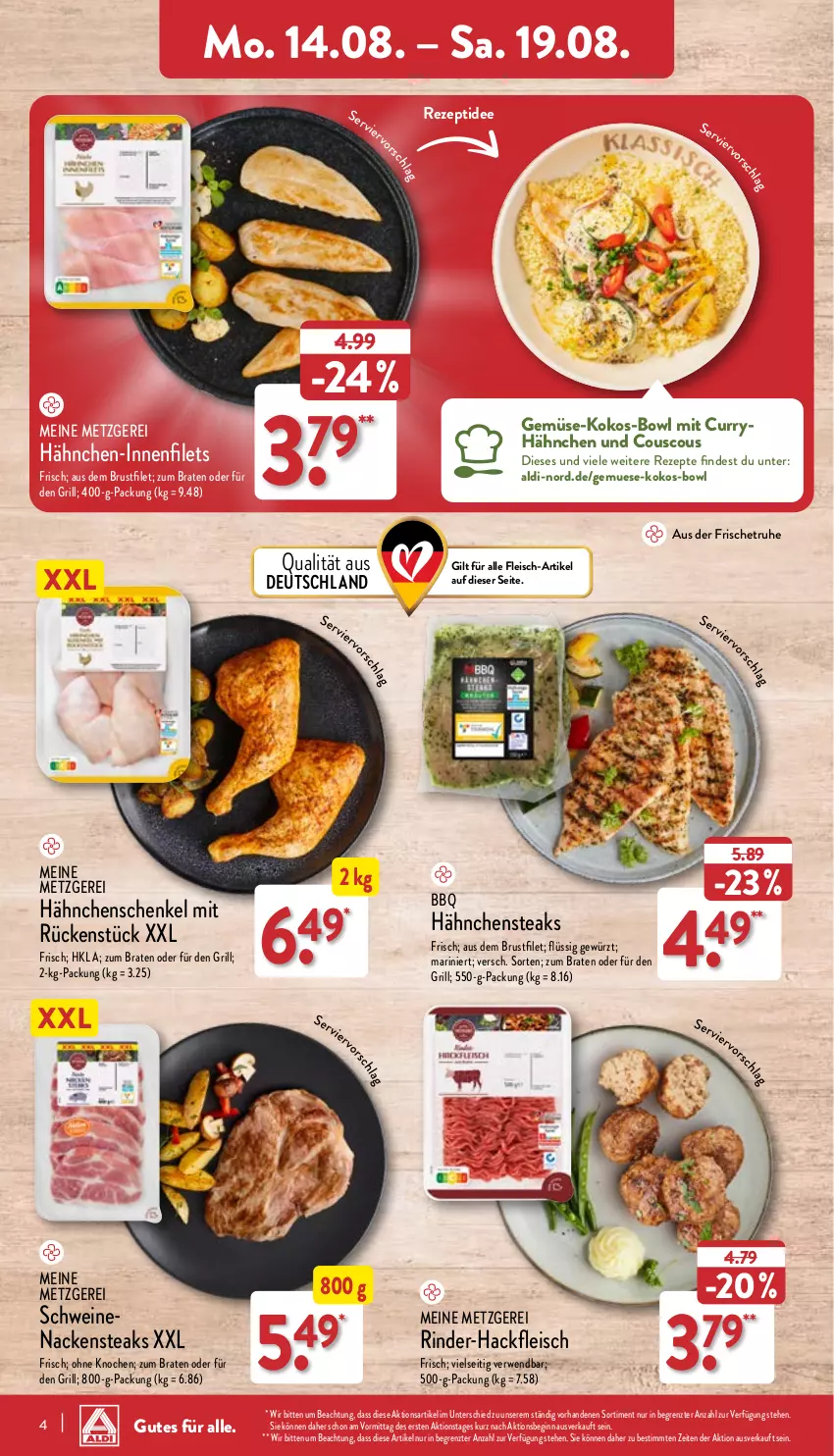 Aktueller Prospekt Aldi Nord - Von Montag - von 14.08 bis 19.08.2023 - strona 4 - produkty: aldi, braten, brustfilet, couscous, curry, eis, filet, filets, fleisch, gewürz, gin, grill, hackfleisch, Hähnchen-Innenfilets, hähnchenschenkel, Hähnchensteak, hähnchensteaks, henkel, kokos, Nackensteak, nackensteaks, rezept, rezepte, rind, rinder, rinder-hackfleisch, rwe, schenkel, schwein, schweine, schweinenacken, steak, steaks, Ti, wein, weine, ZTE