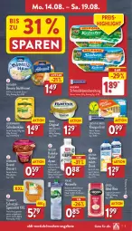 Gazetka promocyjna Aldi Nord - Von Montag - Gazetka - ważna od 19.08 do 19.08.2023 - strona 5 - produkty: aldi, Alwa, angebot, angebote, Ayran, bavaria blu, Becher, bergader, braten, brot, butter, dessert, drink, ehrmann, eis, elle, flasche, gewürz, gin, joghur, joghurt, Käse, Kefir, korn, leerdammer, milch, milka, milkana, milram, mineralwasser, Müller, natur, natürliches mineralwasser, oryza, rama, reis, rel, Ria, salz, Schmelzkäse, schmelzkäsezubereitung, schnitzel, Spezi, teller, Ti, volvic, wasser