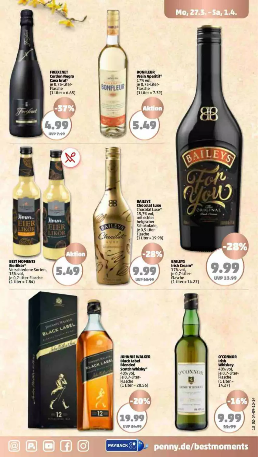 Aktueller Prospekt Penny - Prospekte - von 27.03 bis 01.04.2023 - strona 13 - produkty: aperitif, baileys, black label, blended scotch, blended scotch whisky, brut, Cava, cola, eier, eierlikör, flasche, freixenet, irish cream, irish whiskey, johnnie walker, lack, LG, likör, schoko, schokolade, scotch, scotch whisky, Ti, wein, whiskey, whisky