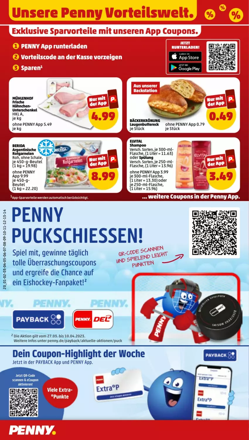 Aktueller Prospekt Penny - Prospekte - von 27.03 bis 01.04.2023 - strona 20 - produkty: beutel, butter, coupon, coupons, eis, elle, flasche, garnelen, google play, henkel, payback, Schal, Schale, schenkel, shampoo, spülung, Ti