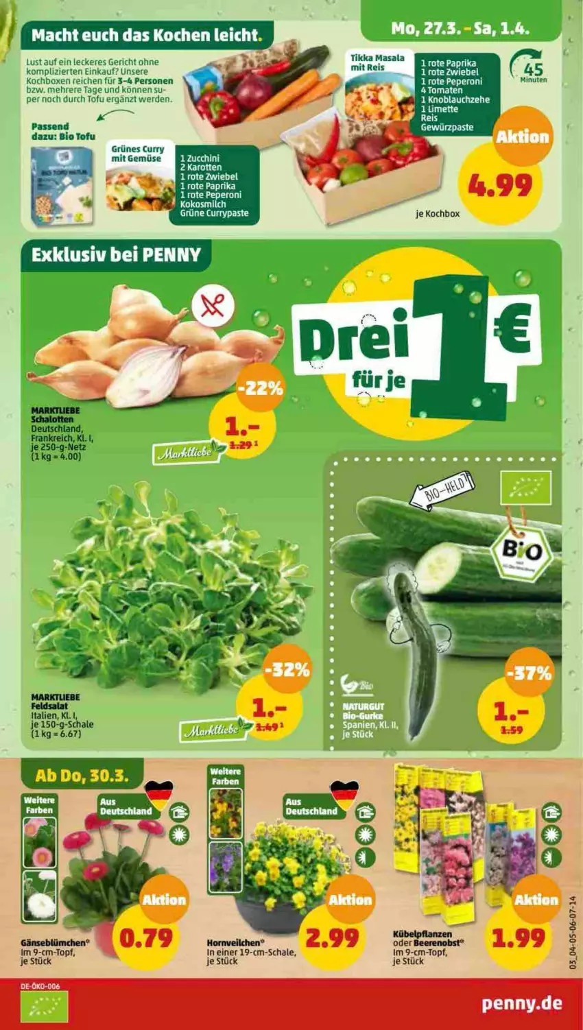 Aktueller Prospekt Penny - Prospekte - von 27.03 bis 01.04.2023 - strona 3 - produkty: bio, curry, eis, erde, im 9-cm-topf, karotten, knoblauch, mit gemüse, peperoni, Peroni, reis, Schal, Schale, Ti, Tofu, tomate, tomaten, topf, zucchini, zwiebel