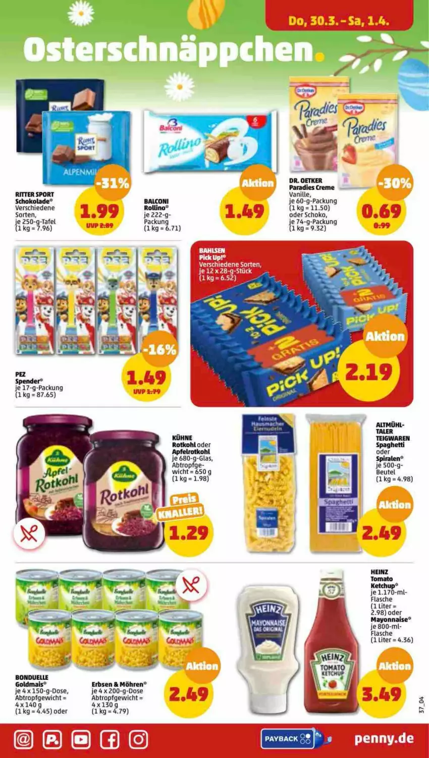 Aktueller Prospekt Penny - Prospekte - von 27.03 bis 01.04.2023 - strona 37 - produkty: Alcon, apfel, bonduelle, bonduelle goldmais, creme, eis, elle, erbsen, flasche, Goldmais, heinz, ketchup, Kühne, mais, möhren, Paradies Creme, ritter, ritter sport, rotkohl, schoko, schokolade, Sport, Ti, tomato ketchup, vanille, Yo