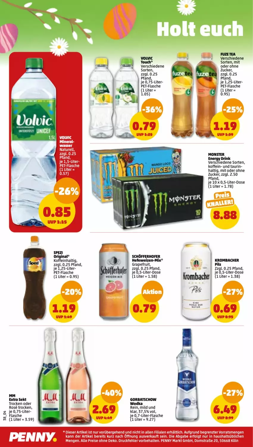 Aktueller Prospekt Penny - Prospekte - von 27.03 bis 01.04.2023 - strona 38 - produkty: drink, eis, energy drink, flasche, gin, Gorbatschow, gorbatschow wodka, grapefruit, Hefe, hefeweizen, krombache, krombacher, krombacher pils, LG, mm extra, monster, Monster Energy, pet-flasche, pils, reis, schöfferhofer, sekt, Spezi, Ti, wodka, ZTE, zucker