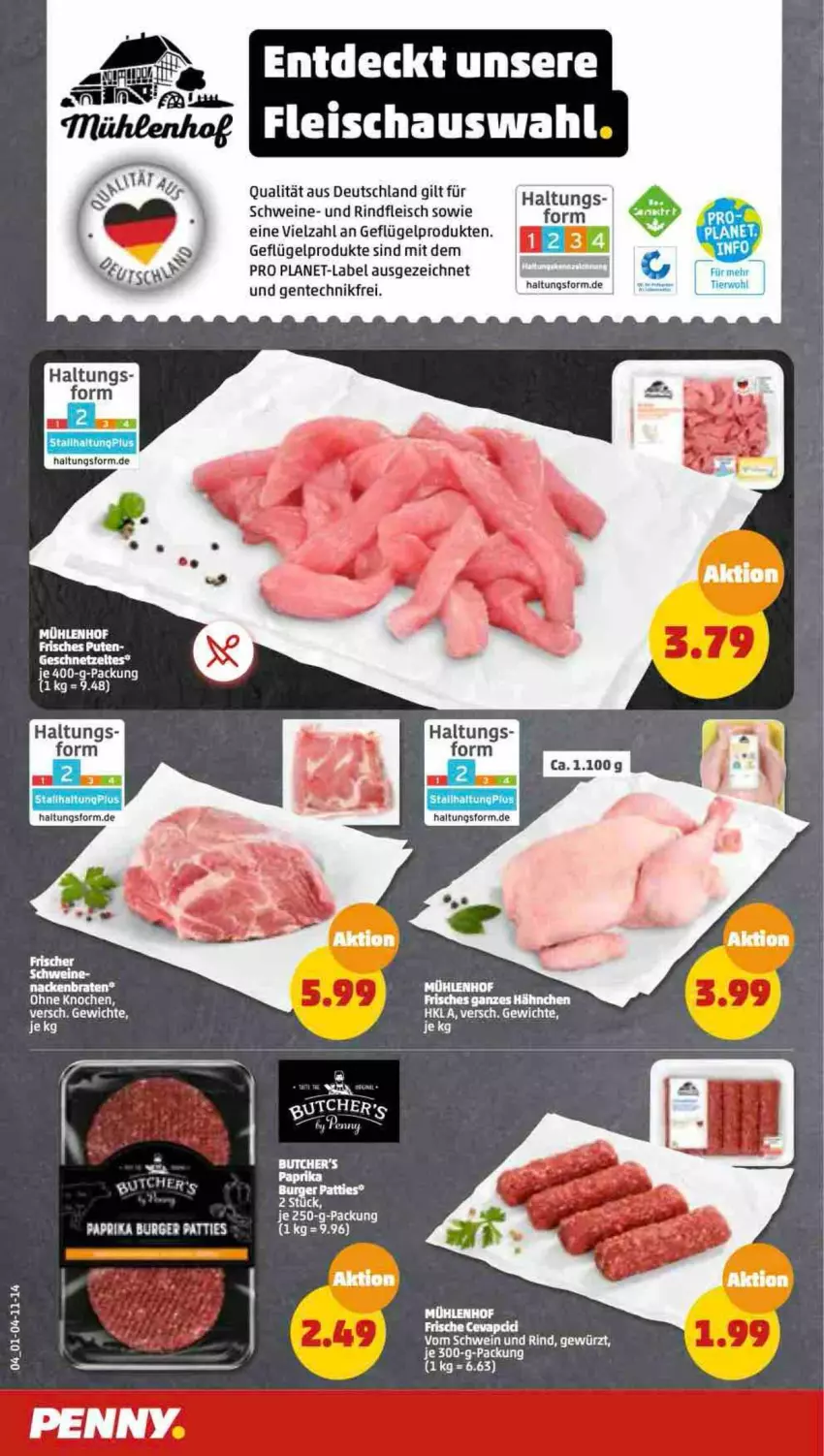 Aktueller Prospekt Penny - Prospekte - von 27.03 bis 01.04.2023 - strona 4 - produkty: braten, burger, eis, ente, fleisch, Geflügel, geflügelprodukte sind mit dem, gewürz, je 250-g-packung, rind, rindfleisch, schwein, schwein und rind, schweine, Ti, vom schwein und rind, wein, weine