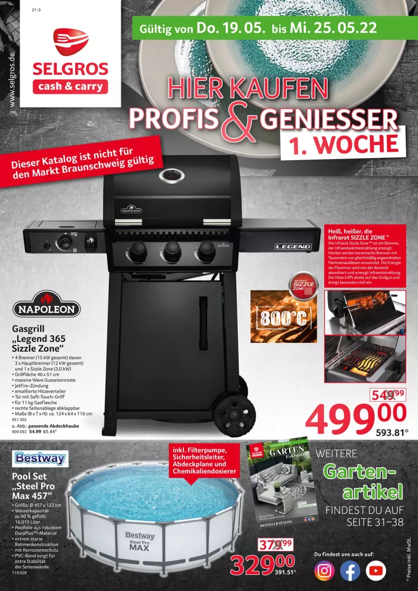 Aktueller Prospekt Selgros - Nonfood - von 19.05 bis 25.05.2022 - strona 1 - produkty: abdeckhaube, abdeckplane, bier, eis, flasche, gasgrill, grill, grillfläche, lamm, LG, pool, reis, Ria, ring, rwe, steel pro, tee, Ti, wasser