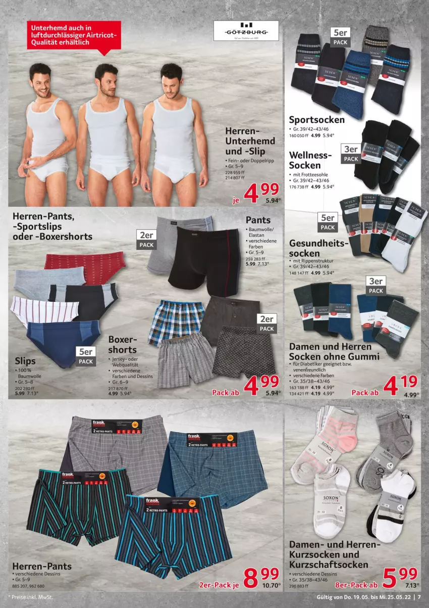 Aktueller Prospekt Selgros - Nonfood - von 19.05 bis 25.05.2022 - strona 7 - produkty: Bau, baumwolle, ente, Gesundheit, hemd, herren-pants, Kurzschaftsocken, mit frotteesohle, Pants, Rippen, shorts, slip, slips, socken, Sport, sportsocken, tee, Ti, Unterhemd, wolle