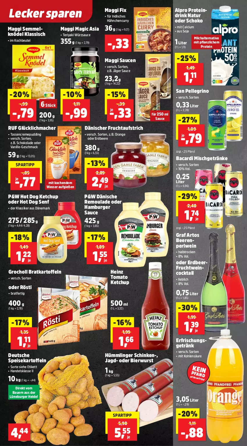 Aktueller Prospekt Thomas Philipps - von 01.09 bis 06.09.2025 - strona 13 - produkty: alpro, auer, aufstrich, bacardi, Bau, Bauer, beere, beeren, beutel, bier, burger, Burger Sauce, Calcium, cocktail, creme, curry, drink, eis, elle, erdbeere, erfrischungsgetränk, frucht, fruchtaufstrich, getränk, getränke, hamburger, heinz, hot dog, kartoffel, kartoffeln, ketchup, Knödel, kochbeutel, mac, maggi, maggi fix, milch, natur, orange, Proteindrink, pudding, remoulade, san pellegrino, sauce, saucen, schinken, schoko, schokolade, Semmel, Semmelknödel, senf, soja, spartipp, speisekartoffeln, tasse, Ti, tomato ketchup, vanille, wasser, wein, wurst, würzsauce