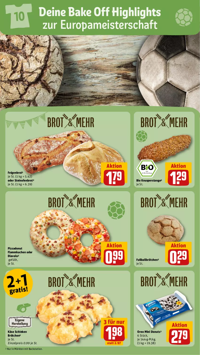 Aktueller Prospekt Rewe - Prospekte - von 17.06 bis 22.06.2024 - strona 10 - produkty: ball, bio, brot, brötchen, Donut, donuts, eis, Feigen, flammkuchen, Fußball, Fußballbrötchen, Käse, kuchen, lamm, Meister, Ofen, oreo, pizza, reis, schinken, steinofen, Ti