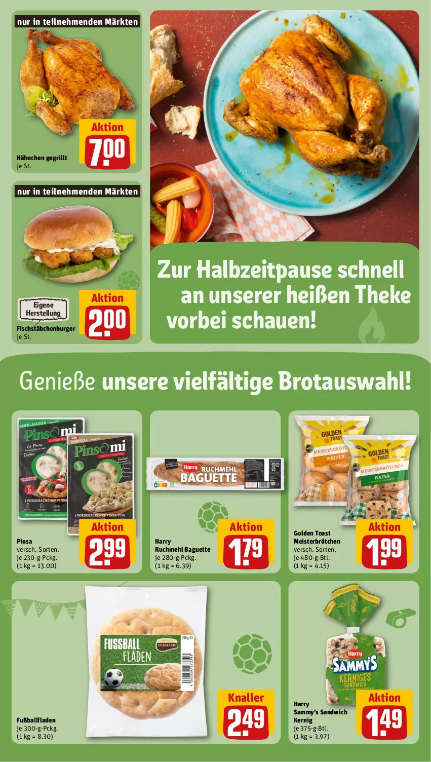 Aktueller Prospekt Rewe - Prospekte - von 17.06 bis 22.06.2024 - strona 11 - produkty: baguette, ball, brot, brötchen, burger, eis, fisch, fischstäbchen, Fußball, golden toast, grill, mehl, Meister, sandwich, Ti, toast