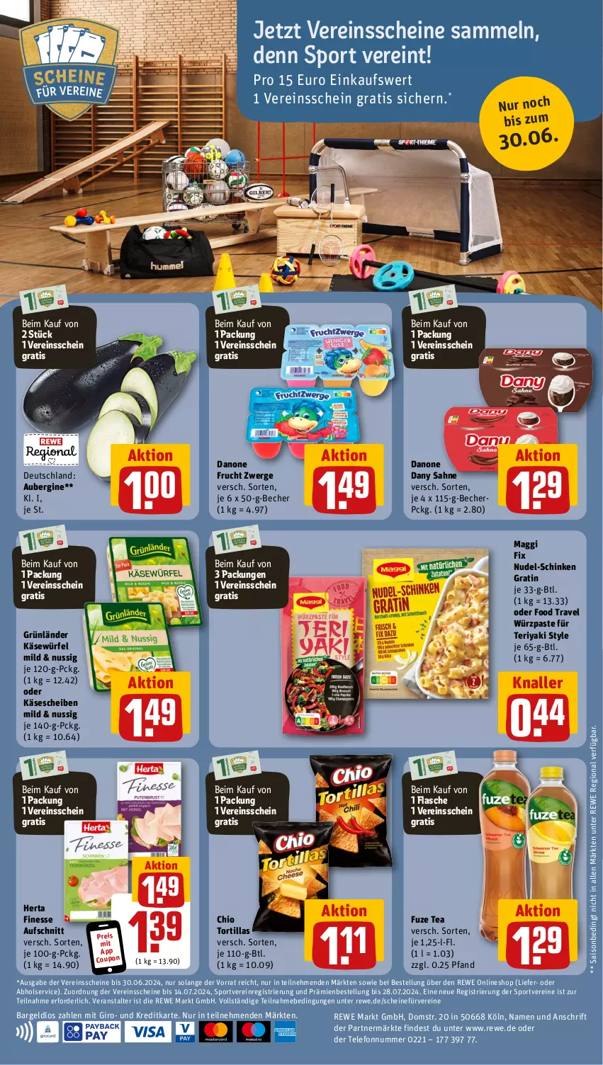 Aktueller Prospekt Rewe - Prospekte - von 17.06 bis 22.06.2024 - strona 20 - produkty: aubergine, aufschnitt, Becher, coupon, danone, Dany, dany sahne, eis, finesse, flasche, frucht, fuze tea, gin, grünländer, herta, herta finesse, Käse, käsescheiben, maggi, maggi fix, nudel, nuss, reis, sahne, schinken, Sport, telefon, Ti, tortilla, tortillas, würfel