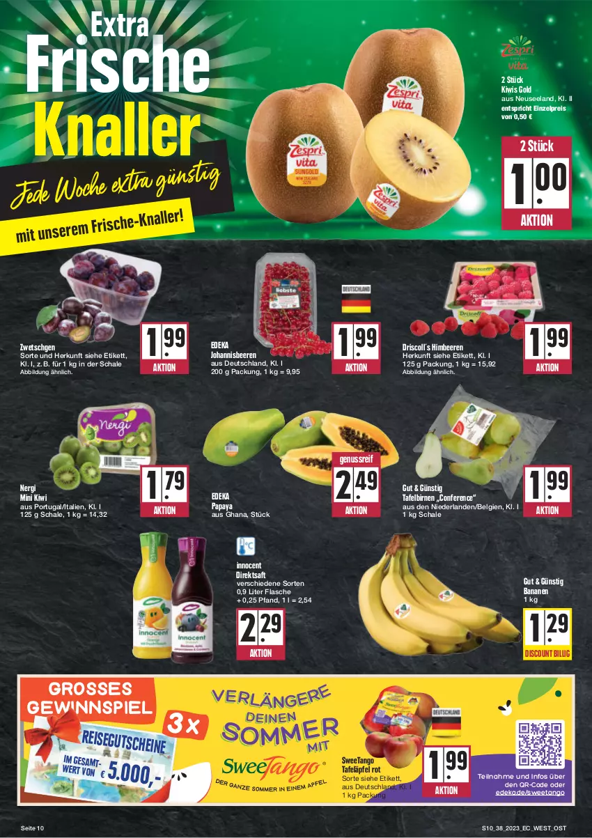 Aktueller Prospekt Edeka - Angebote der Woche - von 18.09 bis 23.09.2023 - strona 10 - produkty: banane, bananen, beere, beeren, Birnen, deka, direktsaft, discount, eis, Elan, flasche, gewinnspiel, himbeer, himbeere, himbeeren, Innocent, johannisbeere, Johannisbeeren, kiwi, LG, nuss, Papaya, reis, saft, Schal, Schale, tafeläpfel, tafelbirnen, Ti