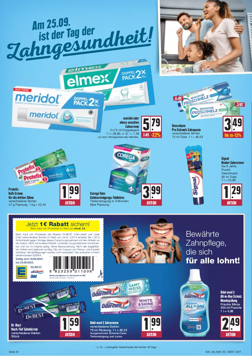 Aktueller Prospekt Edeka - Angebote der Woche - von 18.09 bis 23.09.2023 - strona 24 - produkty: bürste, coupon, coupons, creme, deka, Dr. Best, eis, elmex, erde, flasche, frucht, gin, Kinder, mac, meridol, minze, mundspülung, Odol, Odol-med 3, pasta, Reinigung, reis, sensodyne, Signal, sofortrabatt, spülung, tablet, tablett, Tablette, Ti, zahnbürste, zahncreme, zahnpasta, ZTE