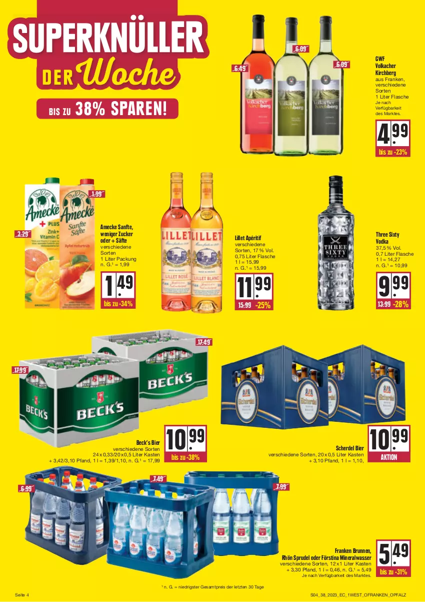 Aktueller Prospekt Edeka - Angebote der Woche - von 18.09 bis 23.09.2023 - strona 4 - produkty: Alwa, amecke, bier, brunnen, eis, erde, flasche, franken brunnen, lillet, mineralwasser, reis, säfte, Sprudel, Three Sixty, Ti, vodka, wasser, ZTE, zucker