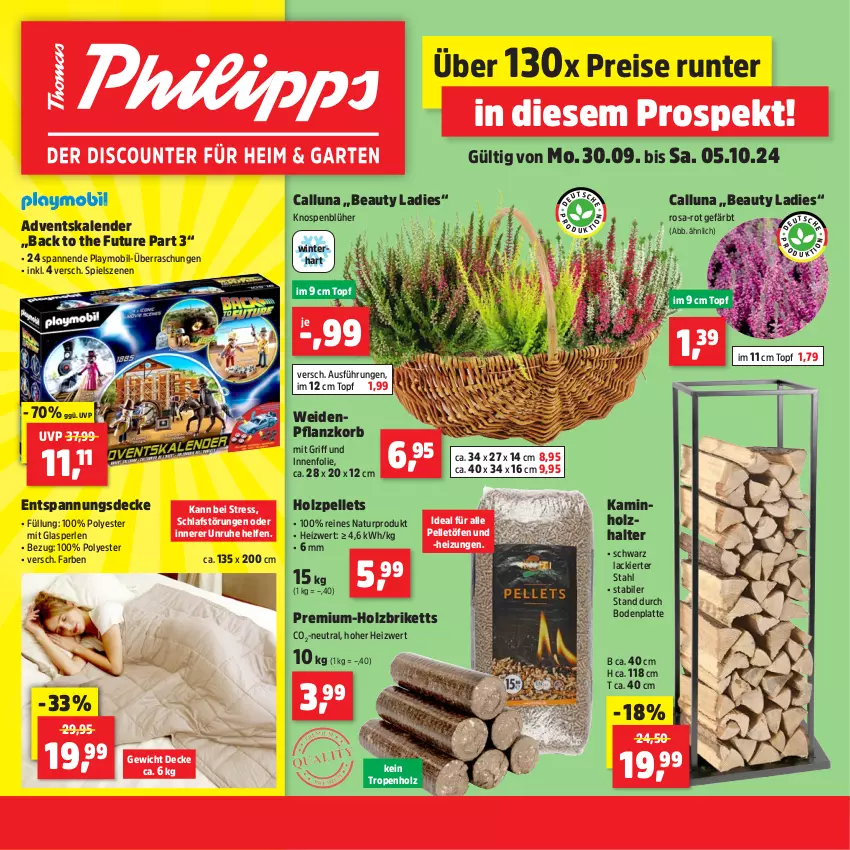 Aktueller Prospekt Thomas Philipps - von 30.09 bis 05.10.2024 - strona 1 - produkty: Adventskalender, Bodenplatte, briketts, decke, eis, elle, Heizungen, Holz, Holzbriketts, Holzpellets, Kamin, Kaminholz, korb, lack, latte, natur, Pellets, perlen, playmobil, reis, Ti, topf