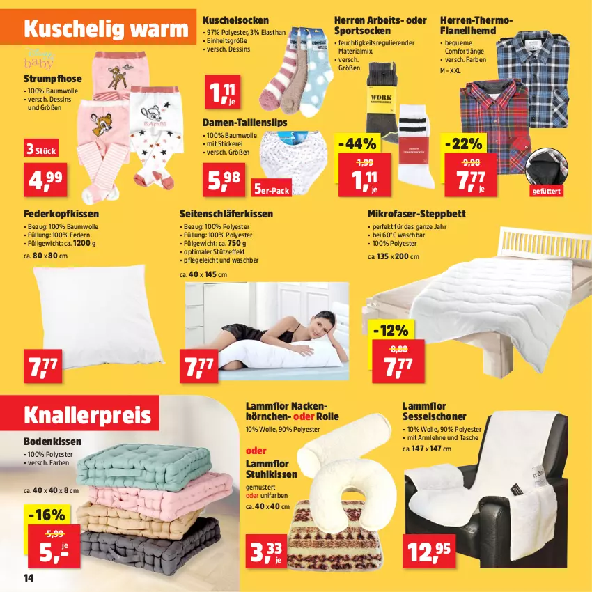 Aktueller Prospekt Thomas Philipps - von 30.09 bis 05.10.2024 - strona 14 - produkty: Bau, baumwolle, bett, eis, hemd, hörnchen, hose, kissen, knallerpreis, kopfkissen, Kuschelsocken, lamm, LG, mikrofaser, reis, Ria, rum, sessel, slip, slips, socken, Sport, sportsocken, steppbett, Strumpfhose, stuhl, stuhlkissen, Taillenslip, Tasche, Ti, wolle