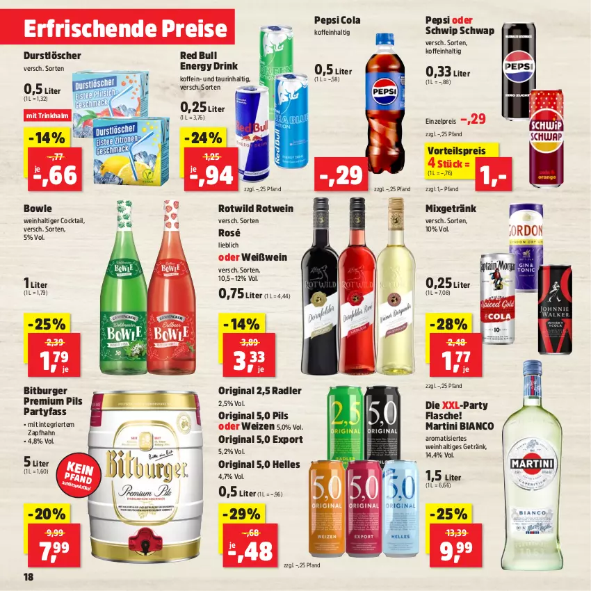 Aktueller Prospekt Thomas Philipps - von 30.09 bis 05.10.2024 - strona 18 - produkty: bitburger, bowle, burger, cocktail, cola, drink, durstlöscher, eis, elle, energy drink, flasche, getränk, gin, martini, Mixgetränk, pepsi, Pepsi Cola, pils, premium pils, radler, red bull, reis, rotwein, Schwip Schwap, Ti, vorteilspreis, wein, Weißwein, Wild